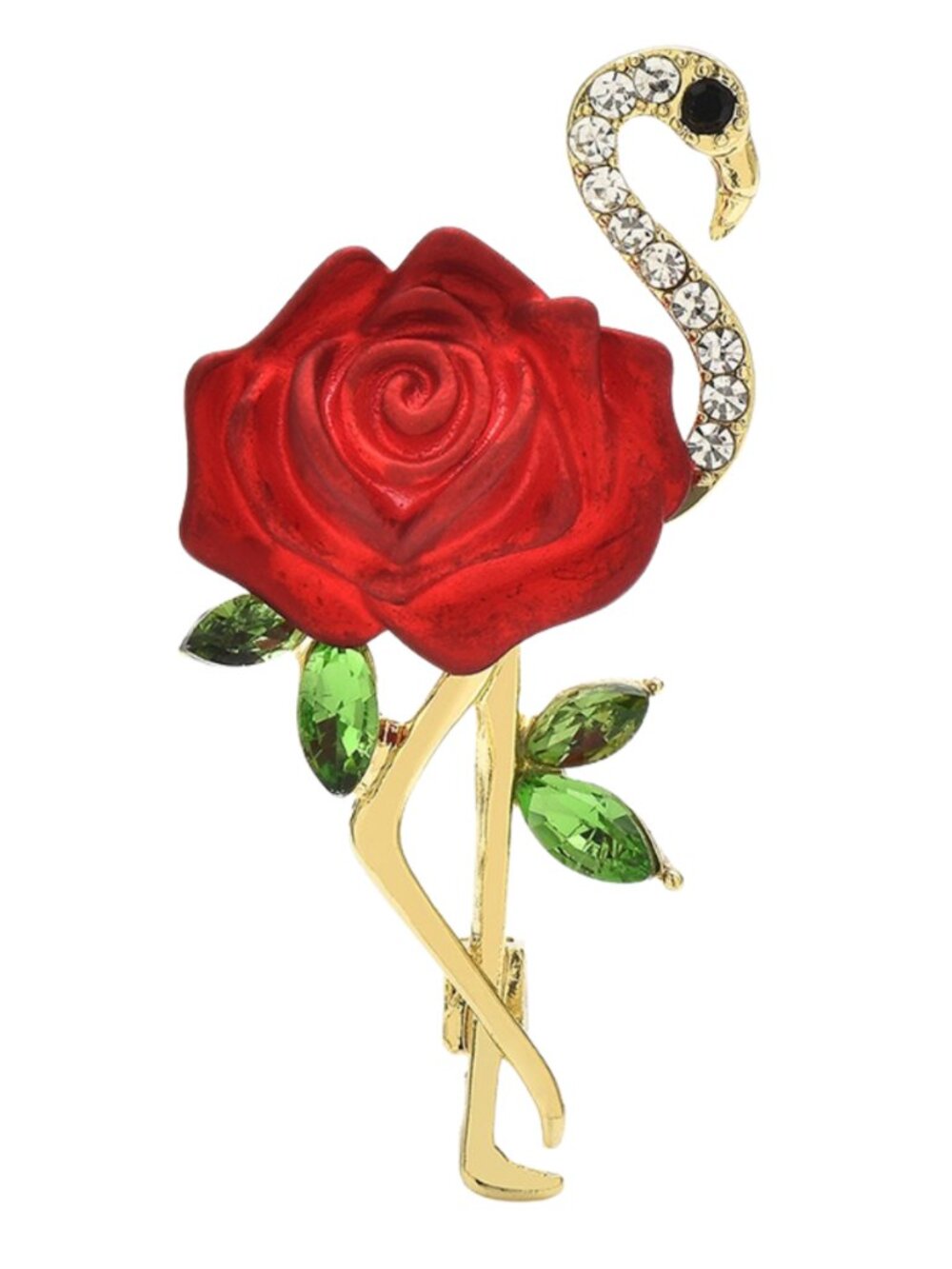 Flamingo Rose Brooch Red Enamel Crystal Rhinestone Pin 1.65 inch x 0.79 inch